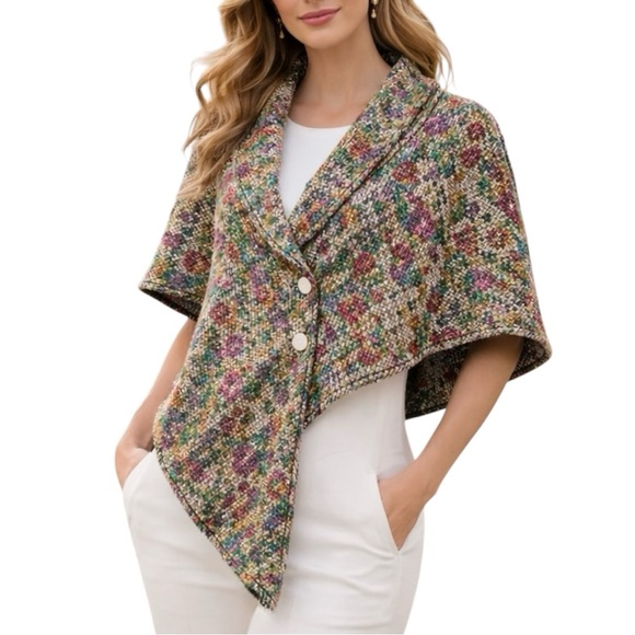 Poseci Accessories - Y2K Multi Color Tweed Collar Cape Jacket Asymmetrical Button Front Lined Large